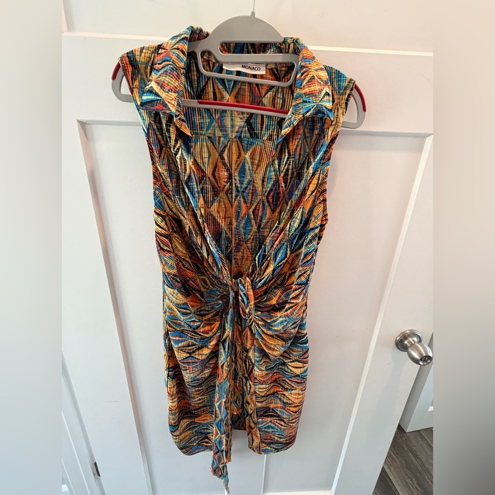 Monaco Pleated Mini Dress Tie Front Colorful Abstract Sleeveless Stretch Large
